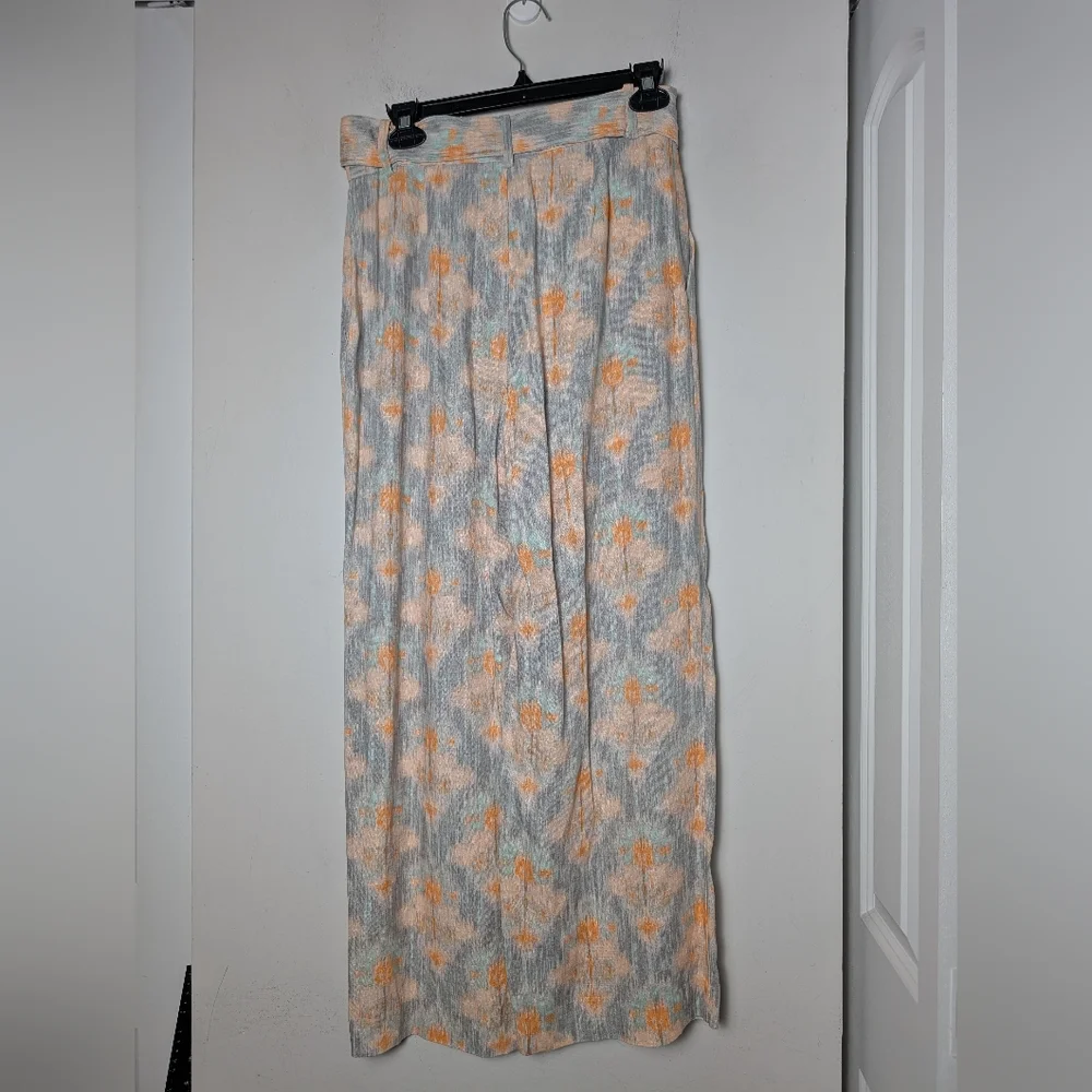 Zara Pants Wide Leg Linen Gray Orange Beachy Flowy Belted Sz S